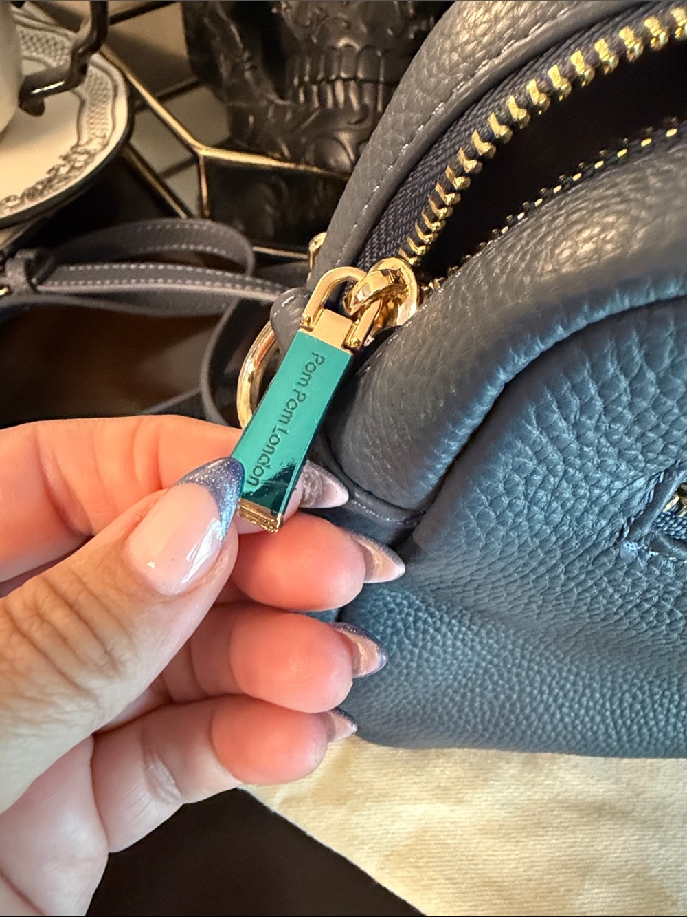 Pom Pom Slate Blue Leather Crossbody Bag with wallet Original Plus - Picture 9 of 15